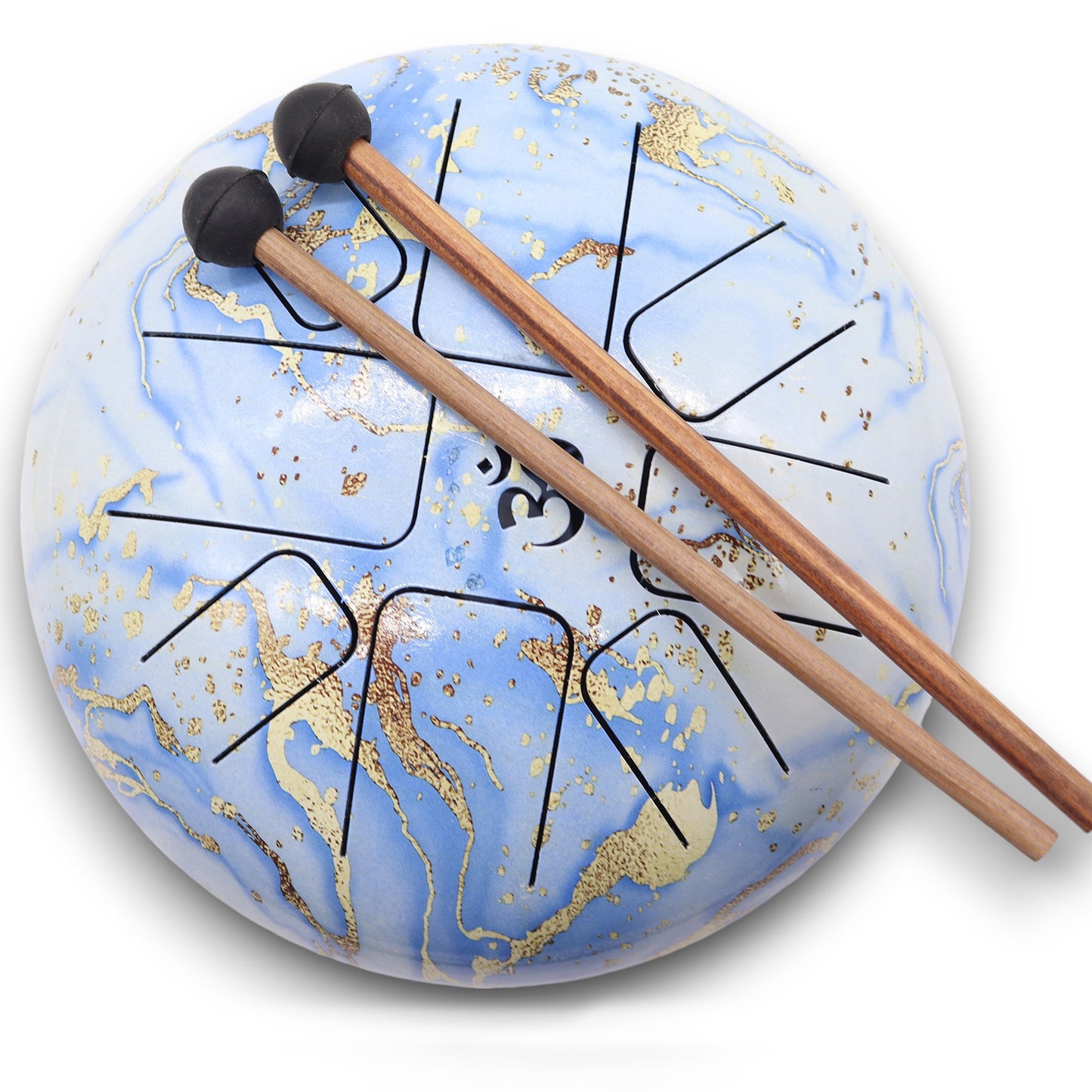 Steel Tongue Drum – Medium Blue Sky with gold pattern, mallets, and woven carry bag (22x18cm)

