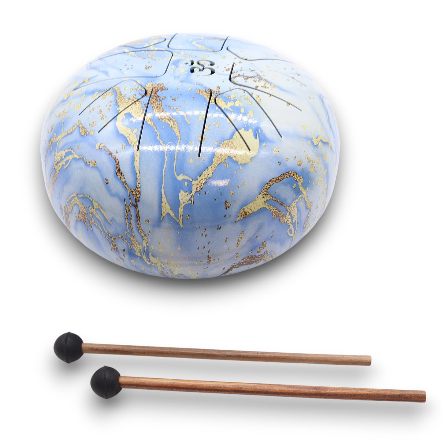 Steel Tongue Drum – Medium Blue Sky with gold pattern, mallets, and woven carry bag (22x18cm)

