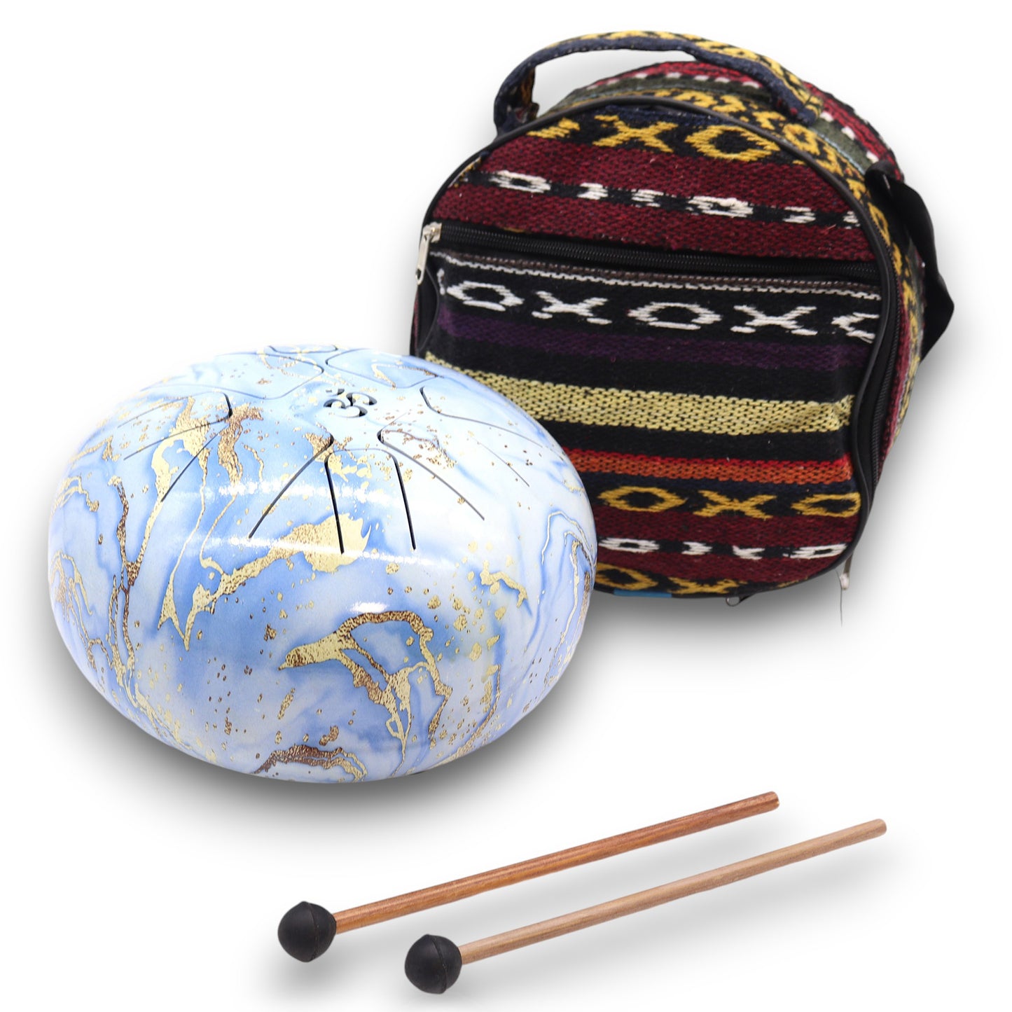 Steel Tongue Drum – Medium Blue Sky with gold pattern, mallets, and woven carry bag (22x18cm)

