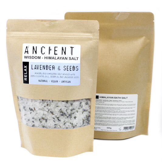 Himalayan Bath Salt Relax blend with lavender essential oil, jojoba, and dried lavender seeds in a 500g pouch.

