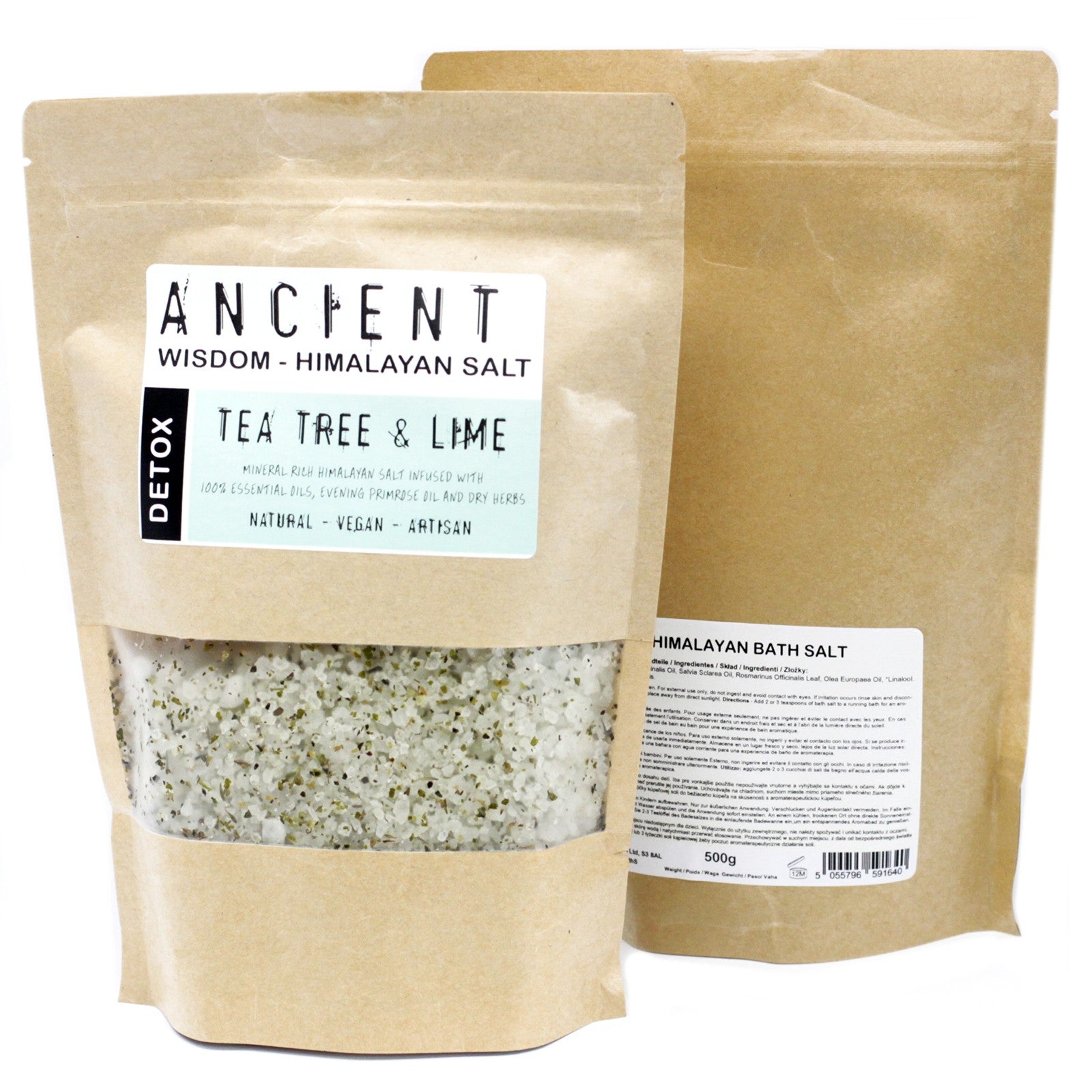 Himalayan Bath Salt Detox blend with tea tree, lime, evening primrose oil, and dried herbs in a 500g pouch.

