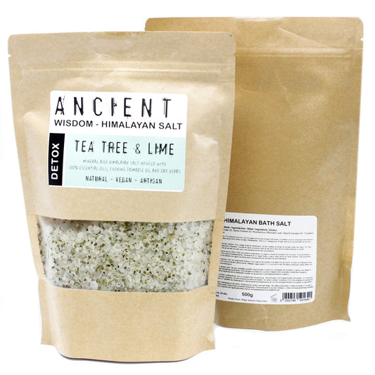 Himalayan Bath Salt Detox blend with tea tree, lime, evening primrose oil, and dried herbs in a 500g pouch.

