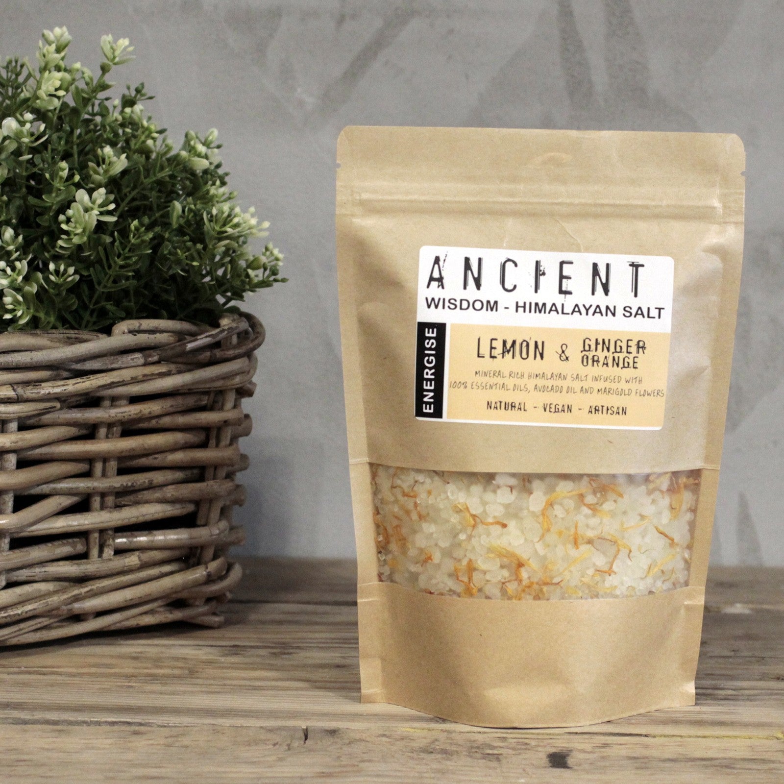 Himalayan Bath Salt Energise blend with lemon, ginger, orange oils, avocado oil, and calendula flowers in a 500g pouch.