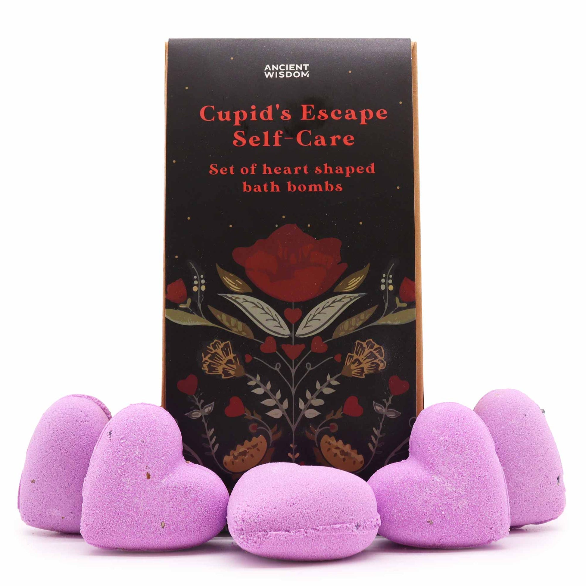Mini Heart Bath Bombs – Cupid’s Escape Self-Care gift set with French lavender-scented heart-shaped bombs.

