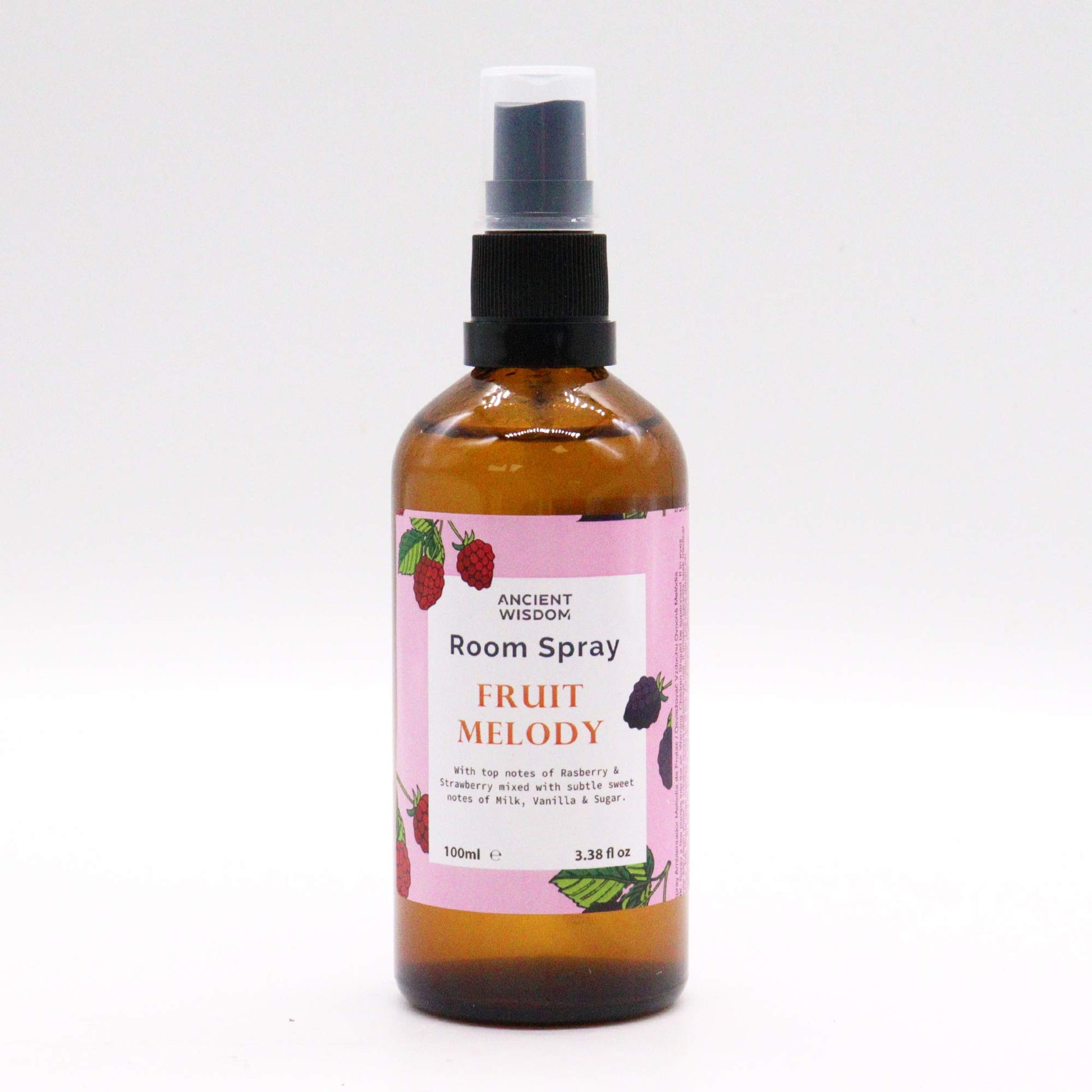 Amber bottle of Fruity Melody room spray – 100ml, with berry fragrance notes and natural ingredients.

