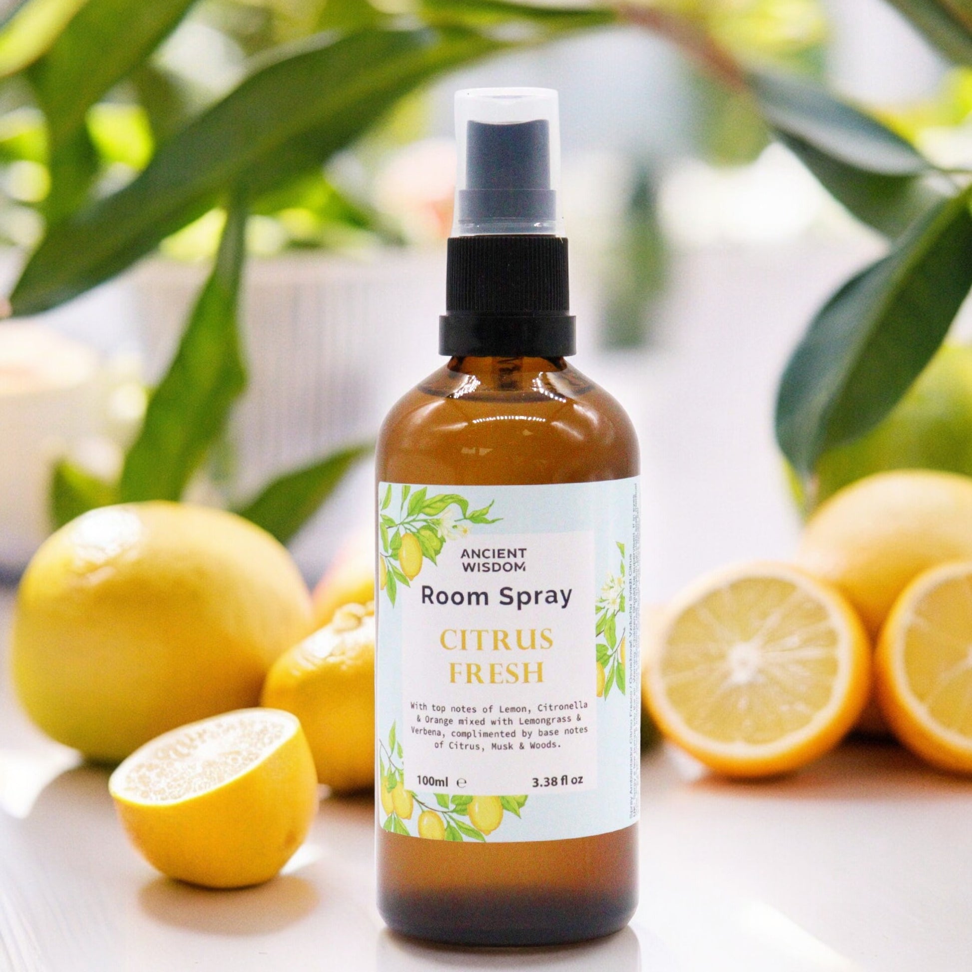 Amber bottle of Citrus Fresh room spray – 100ml, with a bright citrus blend of lemon, verbena, and musk.

