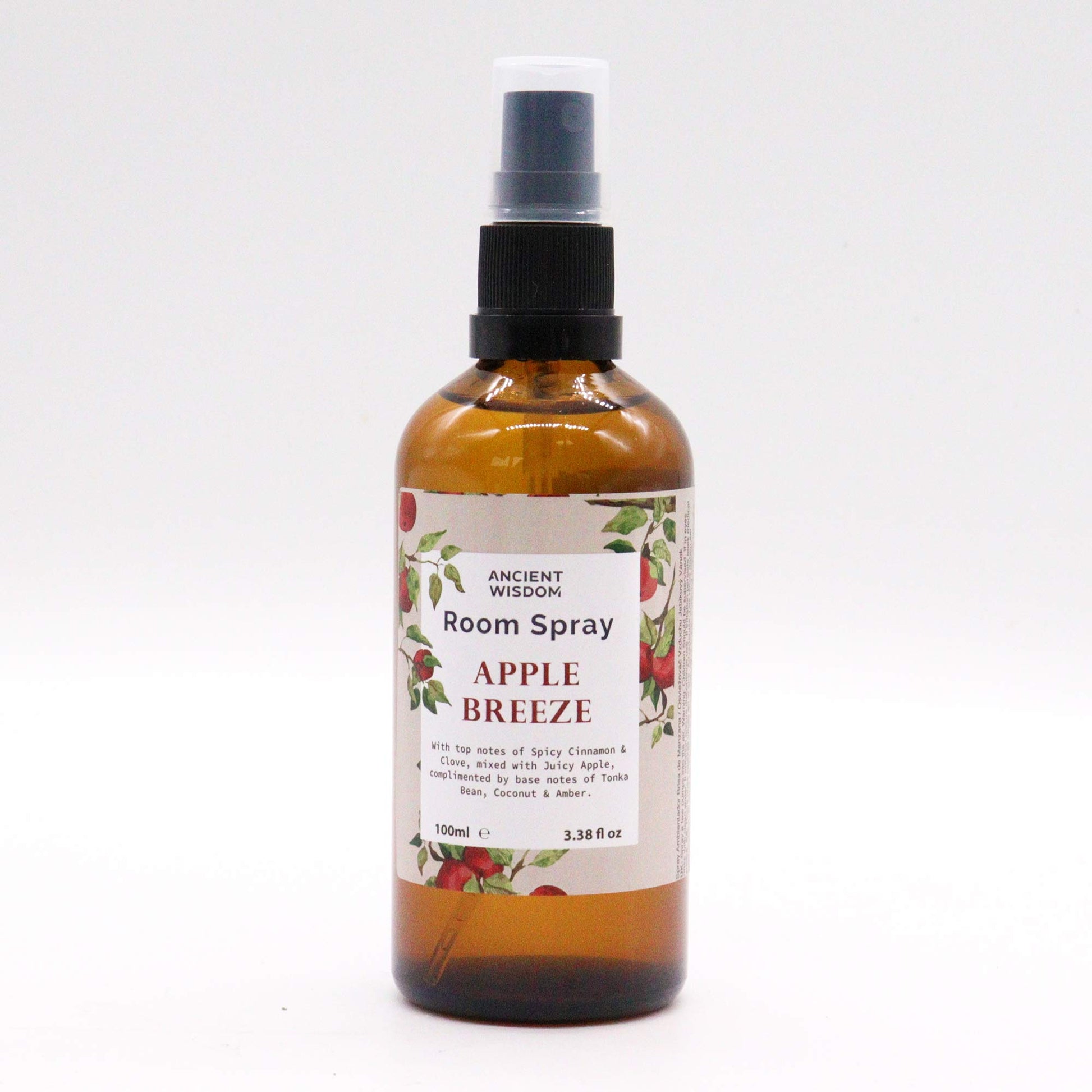 Amber glass bottle of Apple Breeze room spray – 100ml, featuring a warm, spiced apple scent with cinnamon and amber notes.

