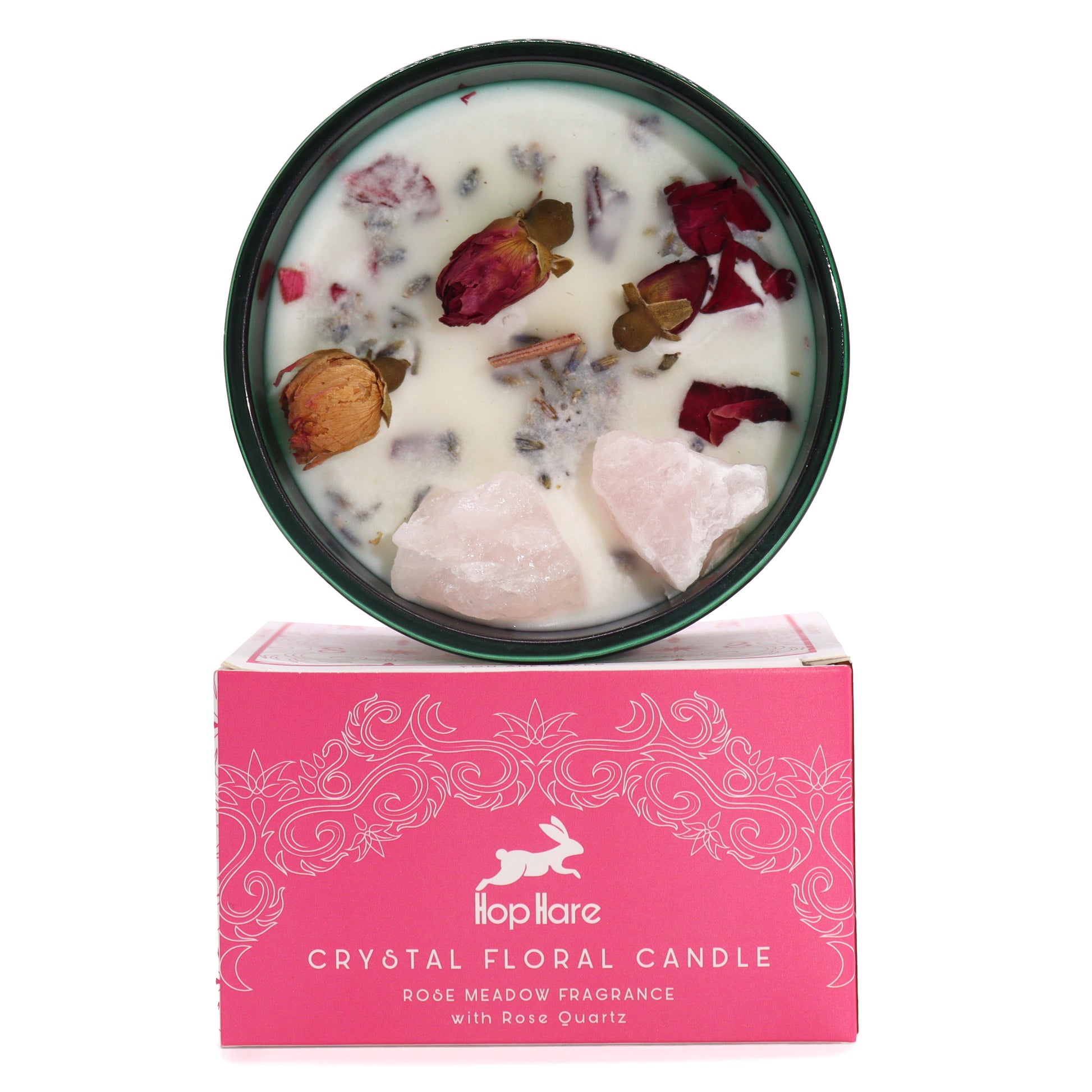 Hop Hare The Lovers crystal candle with rose quartz, rose petals, and tarot card in dark green jar
