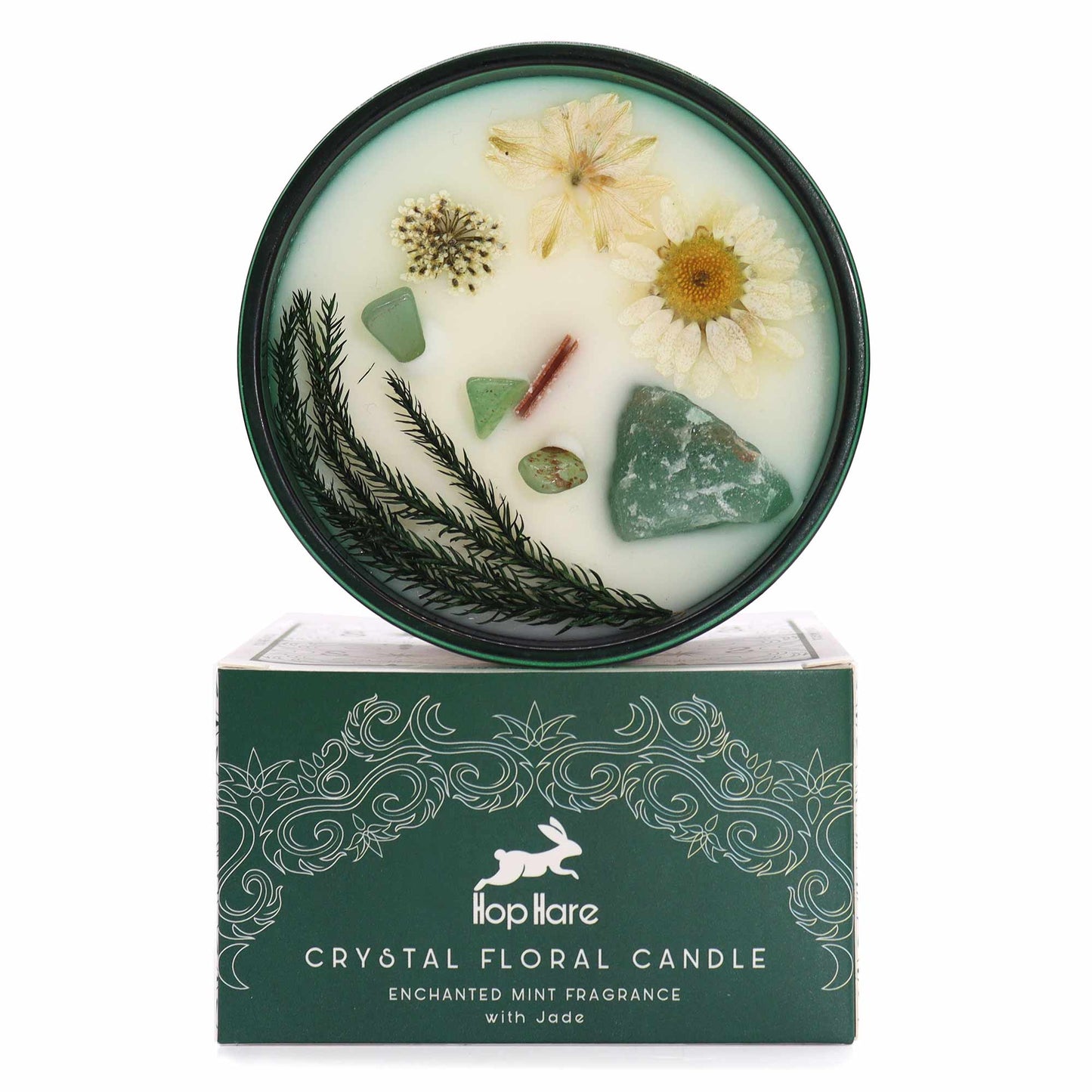Hop Hare The Magician crystal candle with jade, dried flowers, and tarot card in dark green jar
