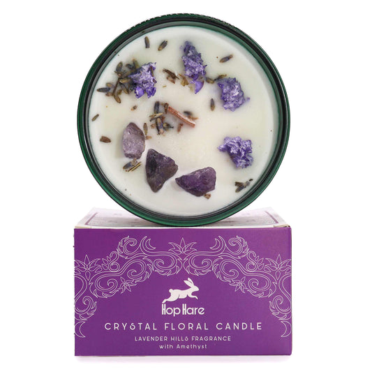 Hop Hare The Moon crystal candle with amethyst, lavender flowers, and tarot card in dark green jar
