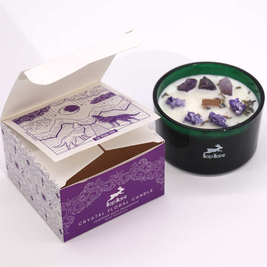 Hop Hare The Moon crystal candle with amethyst, lavender flowers, and tarot card in dark green jar
