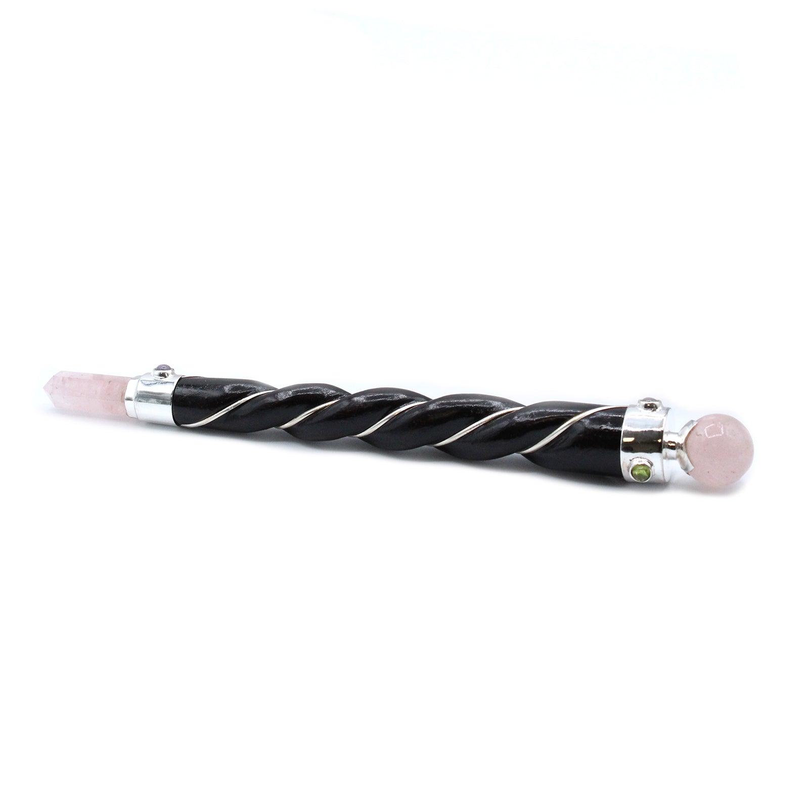 Twisted wood healing wand with rose quartz point and sphere, silver plated copper wire, and gemstones. Ideal for love, compassion, and emotional healing.

