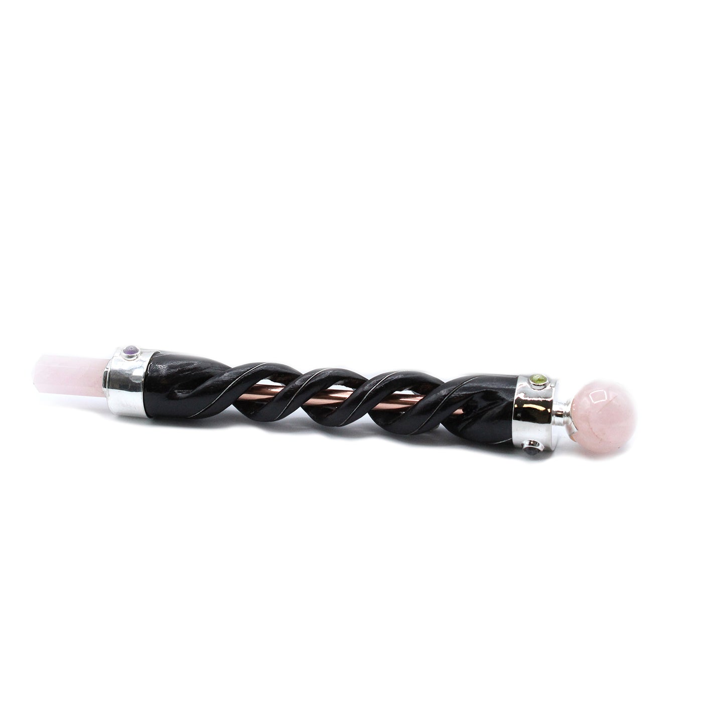 Spiral-carved wooden healing wand with copper core, rose quartz point and sphere, and gemstones. A tool for love, compassion, and energy balancing.

