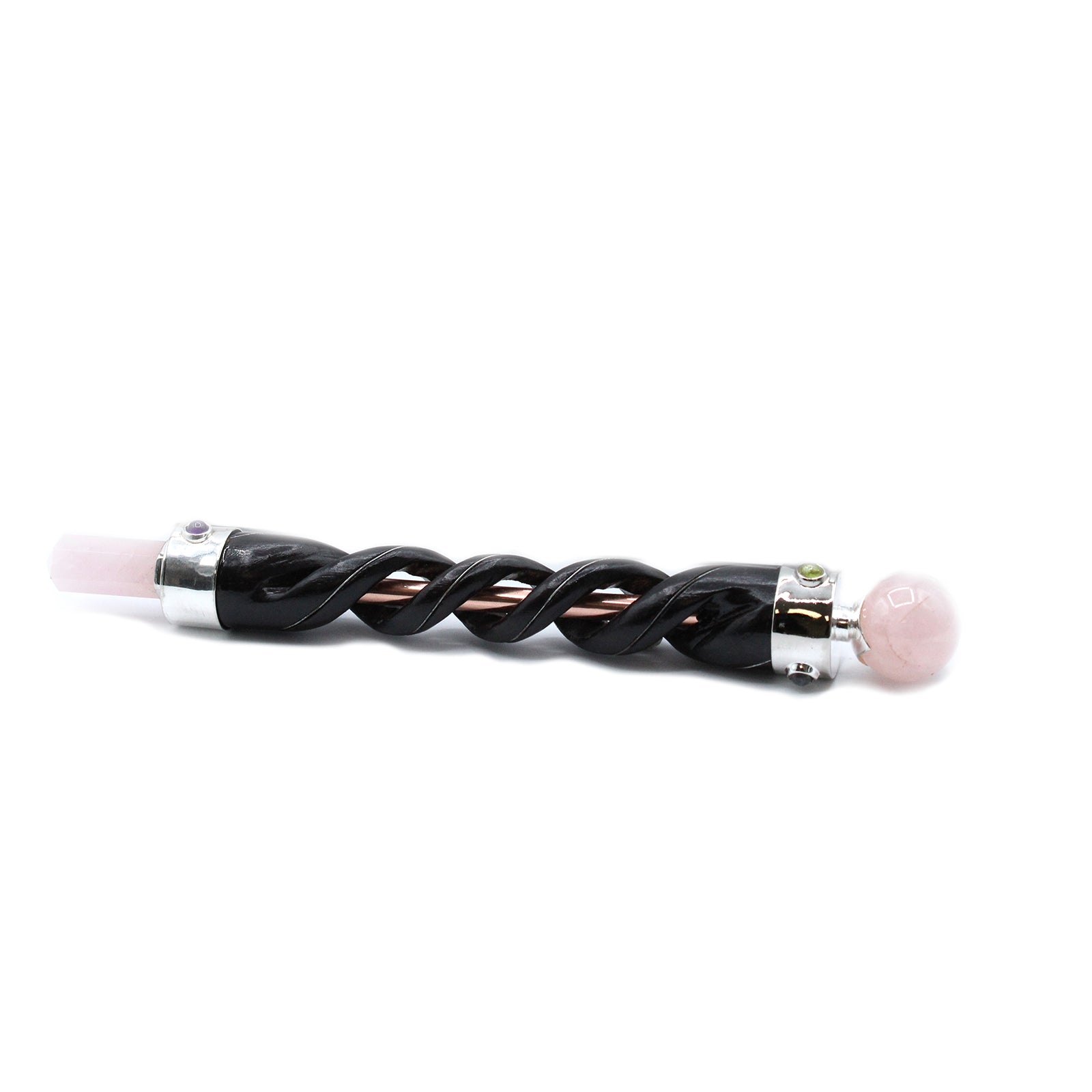 Spiral-carved wooden healing wand with copper core, rose quartz point and sphere, and gemstones. A tool for love, compassion, and energy balancing.

