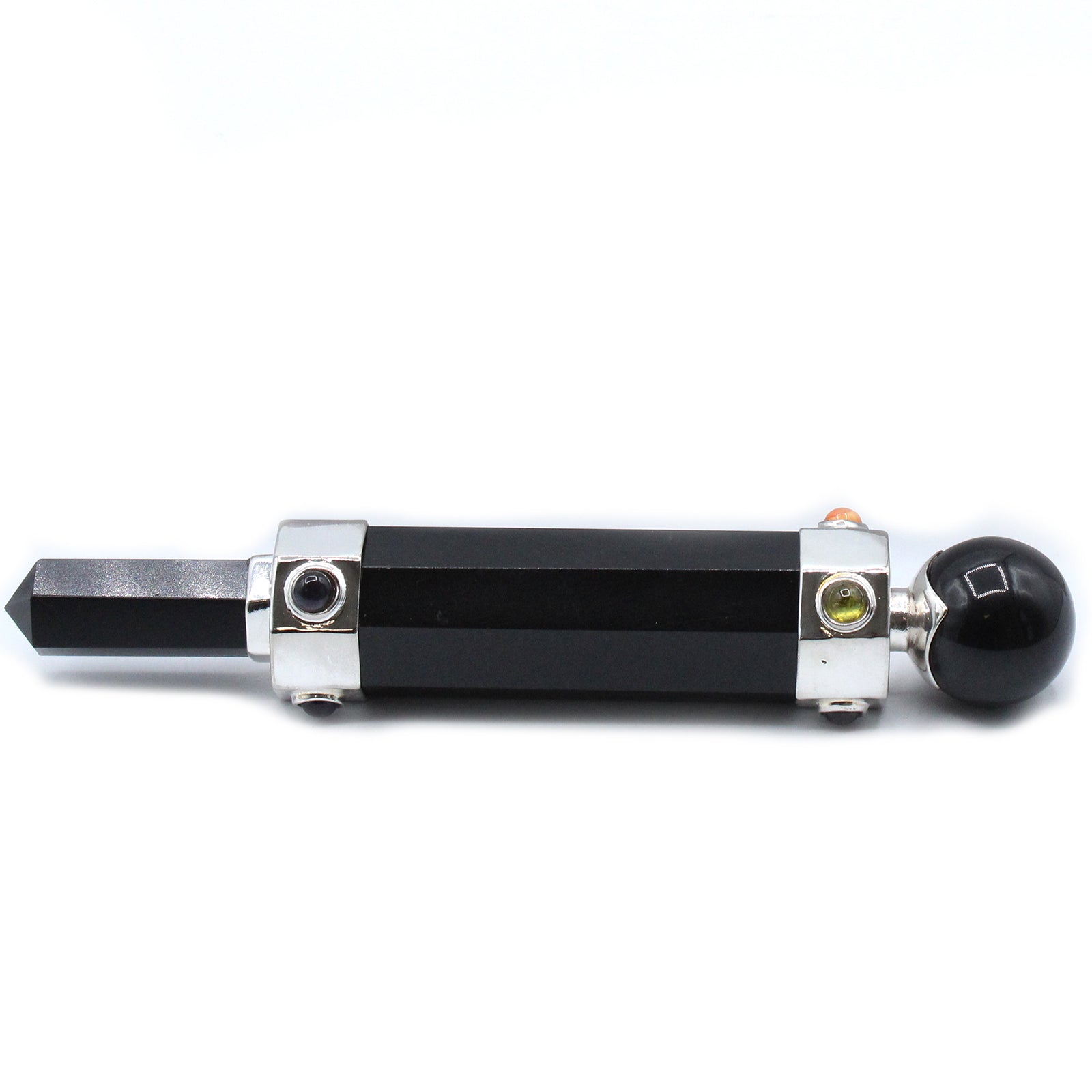 Hexagonal black agate healing wand with pointed tip, rounded sphere end, and gemstone accents. Designed for grounding, protection, and energy balancing.

