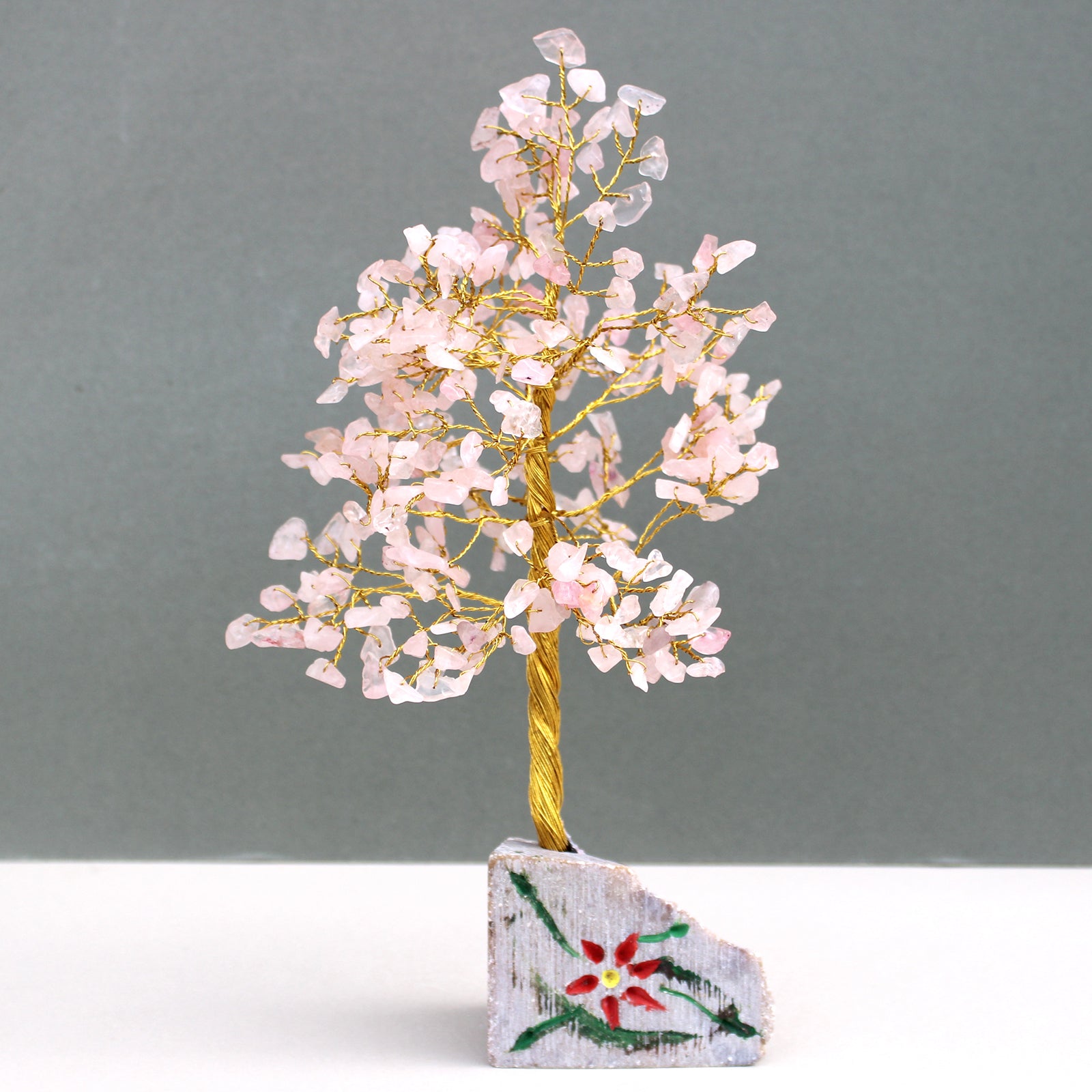 Rose Quartz Crystal Tree with 320 Stones on Hand Carved Stone Base