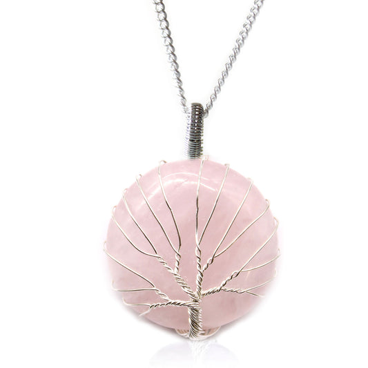 Tree of Life pendant with round rose quartz and silver wire overlay