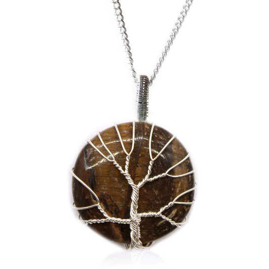 Tree of Life pendant with round tiger's eye and silver wire overlay on 50cm silver-plated copper chain