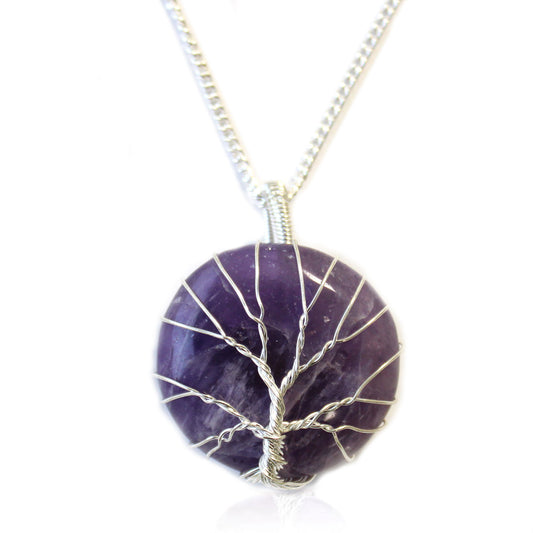 Tree of Life pendant with round amethyst and silver wire overlay on 50cm silver-plated copper chain