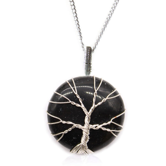 Tree of Life pendant with round black onyx and silver wire overlay on 50cm silver-plated copper chain