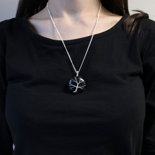Tree of Life pendant with round black onyx and silver wire overlay on 50cm silver-plated copper chain