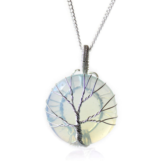 Tree of Life pendant with round opalite and silver wire overlay on 50cm silver-plated copper chain