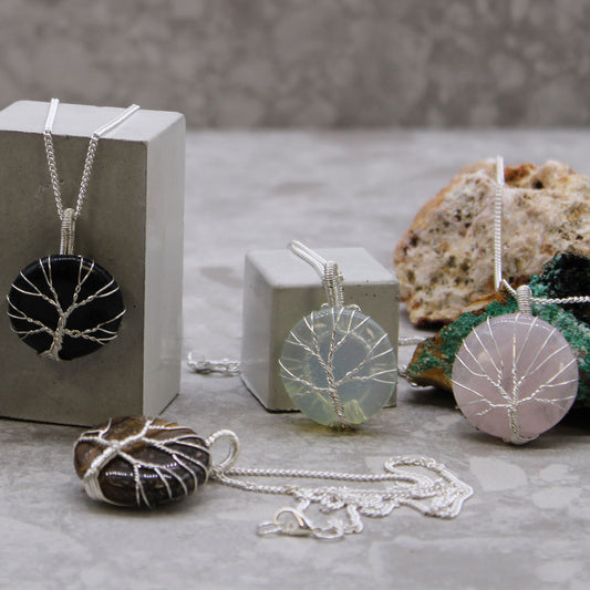 Tree of Life pendant with round opalite and silver wire overlay on 50cm silver-plated copper chain