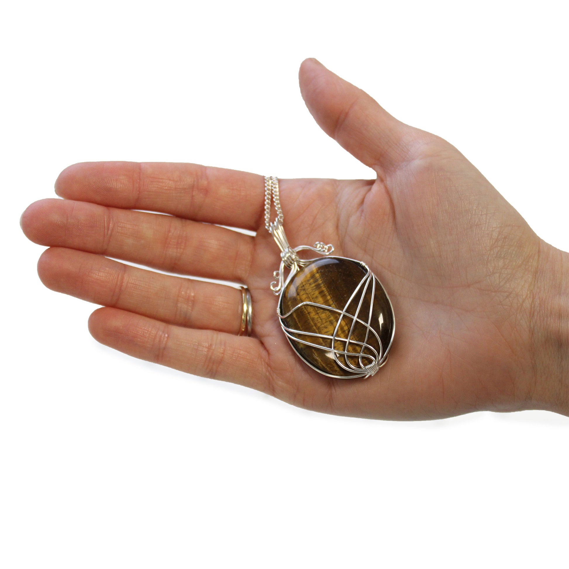 Oval Tiger's Eye gemstone necklace with silver swirl wire wrap on a 50cm silver-plated chain.