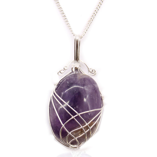 Oval Amethyst gemstone necklace with silver swirl wire wrap on a 50cm silver-plated chain.