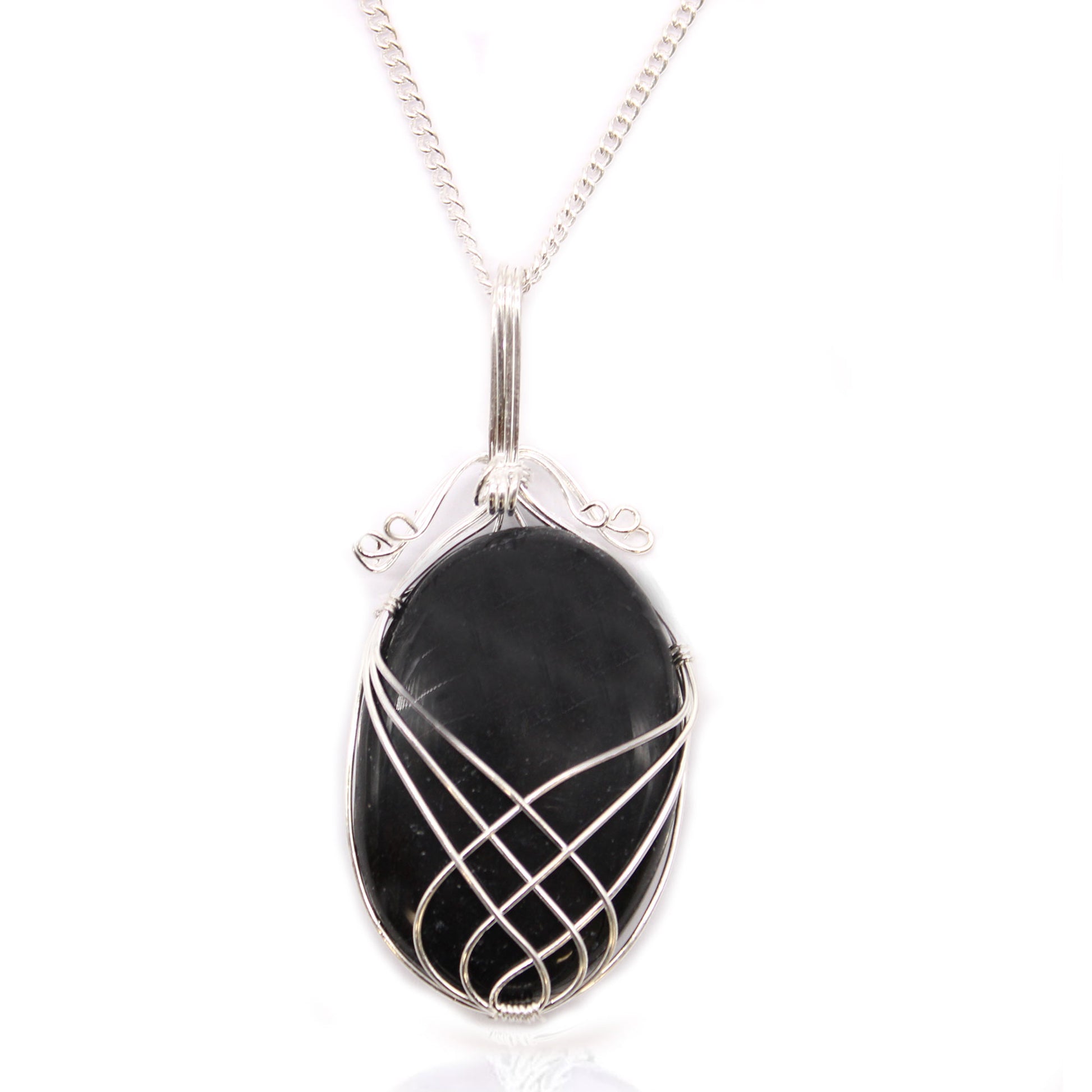 Oval Black Onyx gemstone necklace with silver swirl wire wrap on a 50cm silver-plated chain.