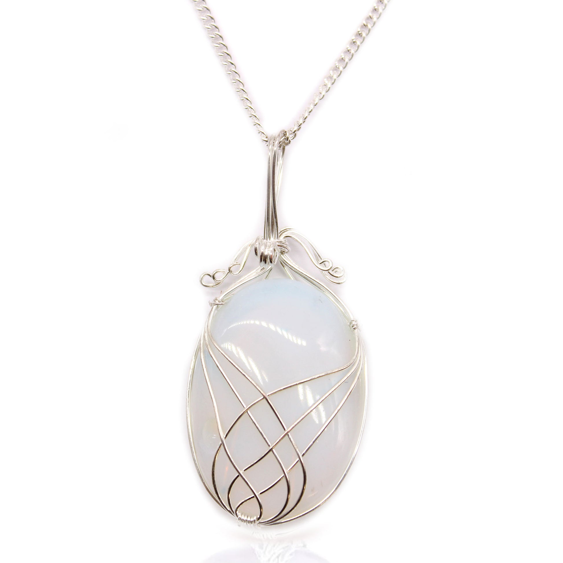 Oval Opalite gemstone necklace with silver swirl wire wrap on a 50cm silver-plated chain.