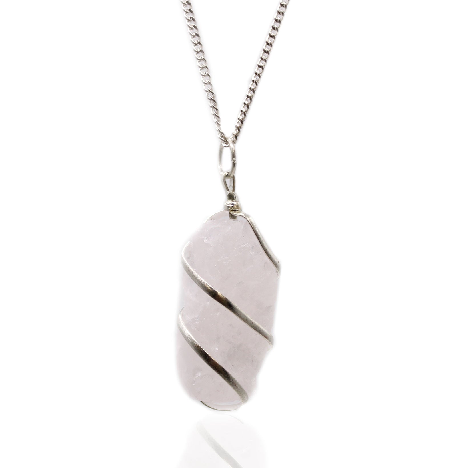 Raw Rose Quartz pendant wrapped in cascading wire on silver-plated chain