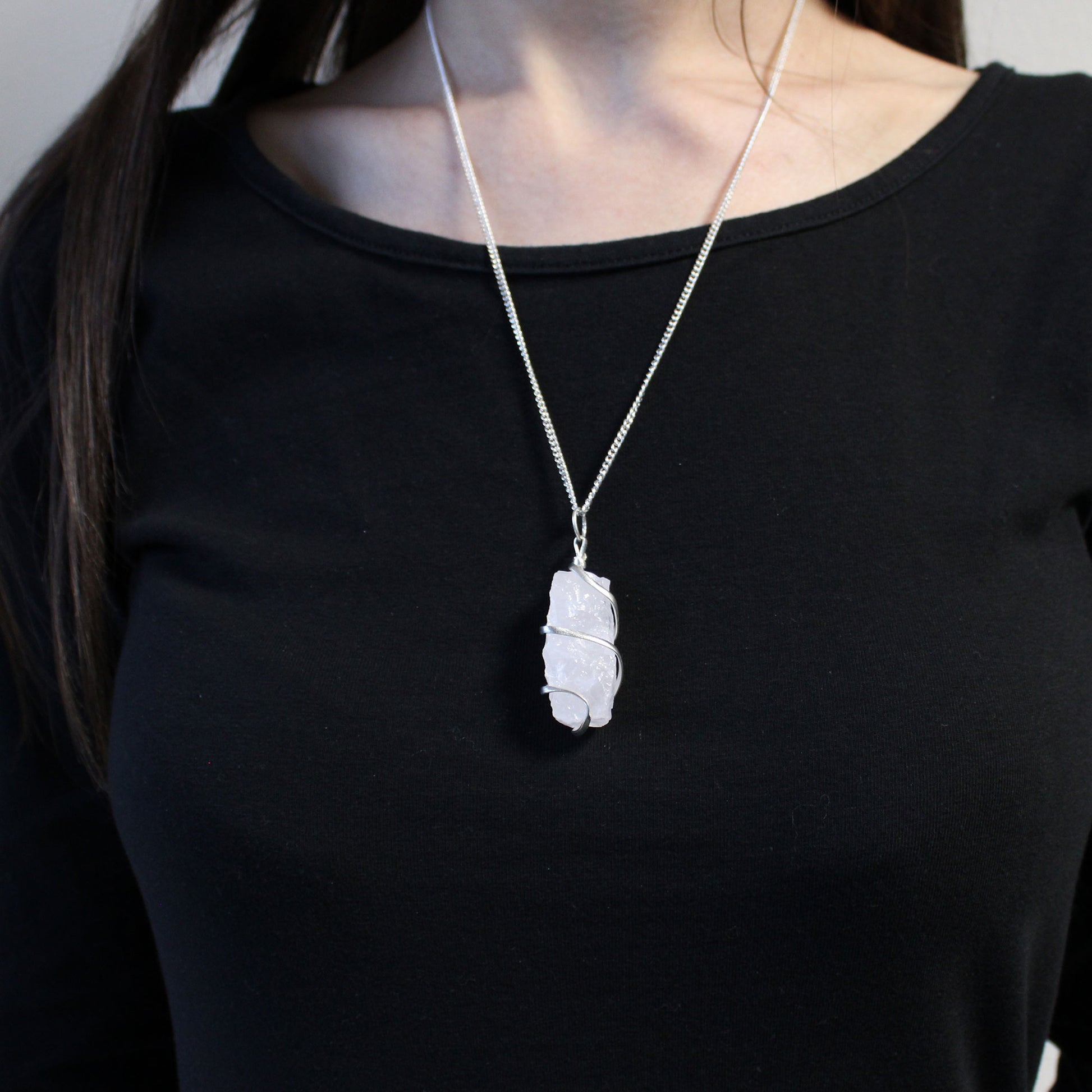 Raw Opalite crystal pendant with single cascading wire on silver chain