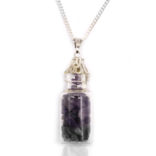 "Mini bottle necklace filled with purple amethyst chips, on a silver-plated chain"

