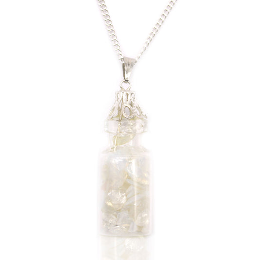 "Mini bottle necklace filled with glowing opalite gemstone chips, on a silver-plated chain"

