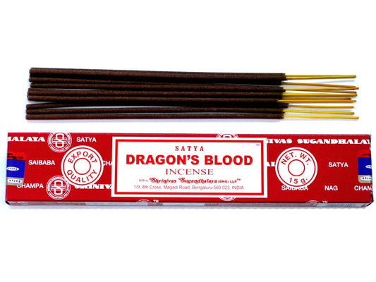 Satya Dragon Blood incense 15g – resin and rose masala sticks hand-rolled in India for protection and strength

