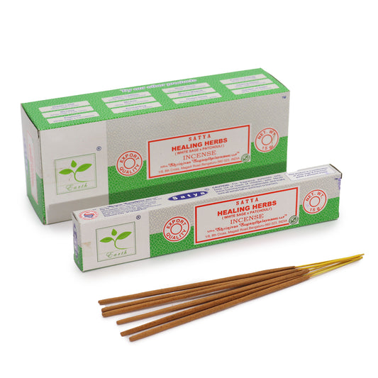 Satya Healing Herbs incense 15g – White Sage and Patchouli masala sticks from India

