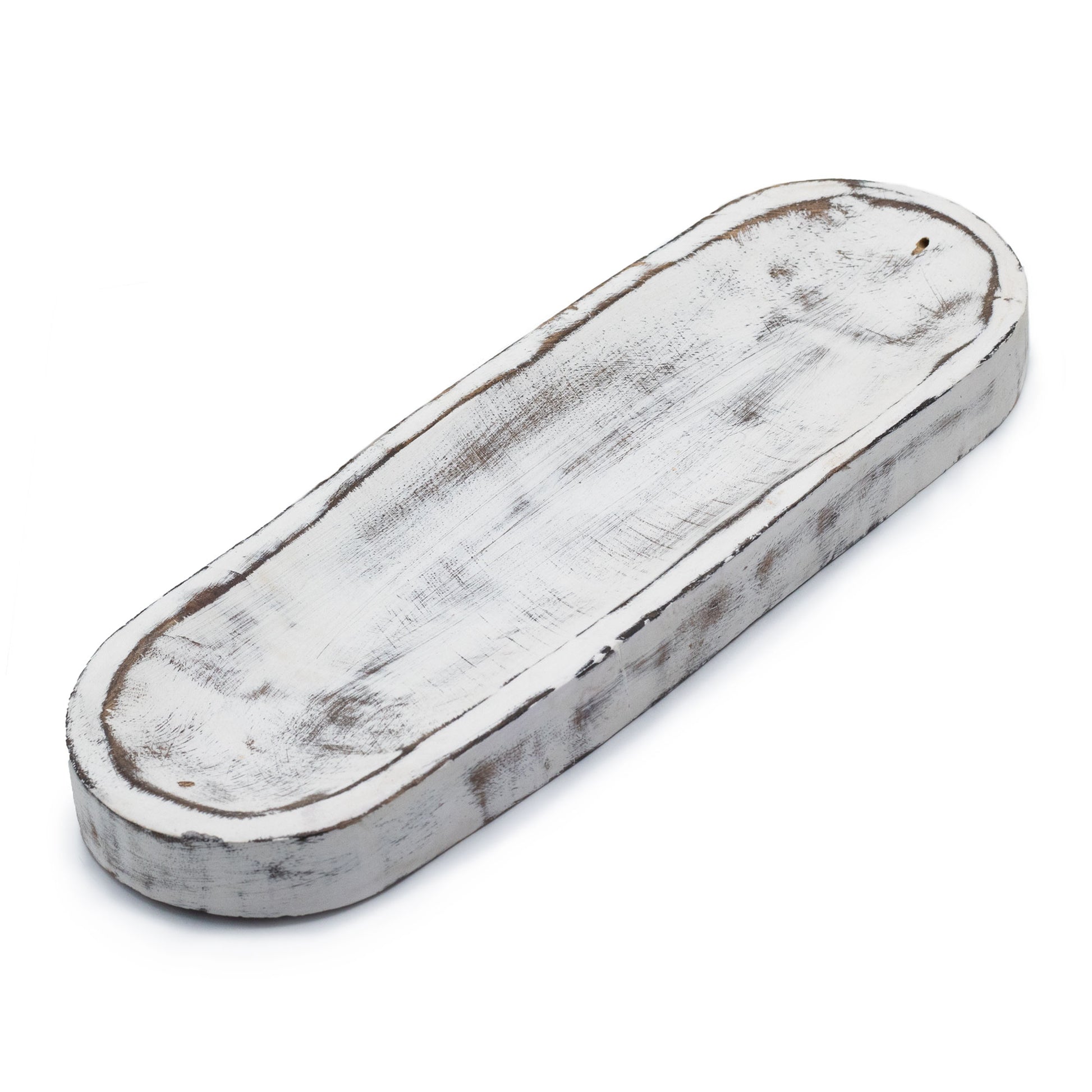 Large whitewashed mango wood incense tray with rustic finish, handmade in Saharanpur, India. 30x10cm design perfect for incense and ash collection.

