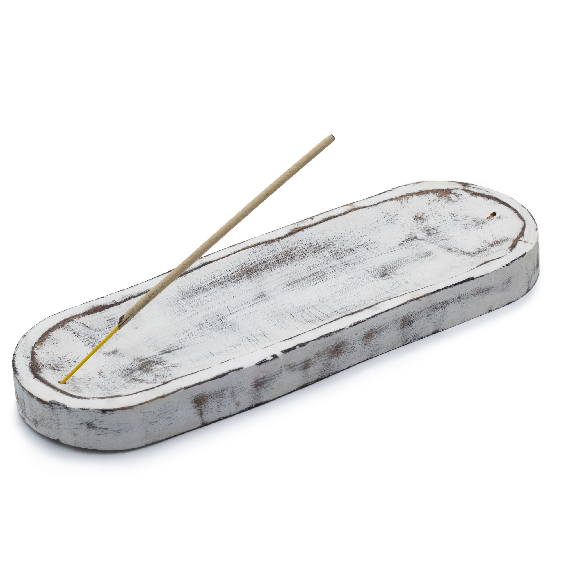 Large whitewashed mango wood incense tray with rustic finish, handmade in Saharanpur, India. 30x10cm design perfect for incense and ash collection.

