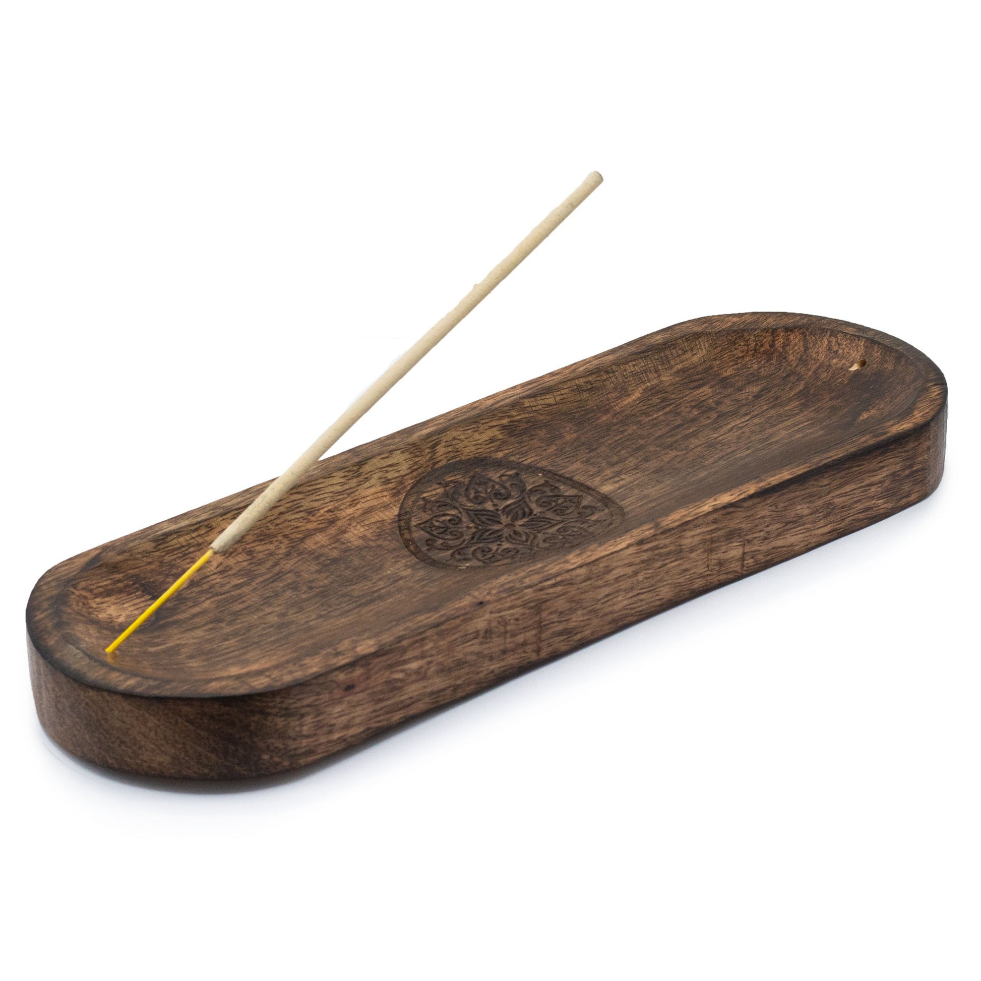 Large mango wood incense tray with engraved mandala design, handmade in Saharanpur, India. A 30x10cm tray for incense stick use and ash collection.

