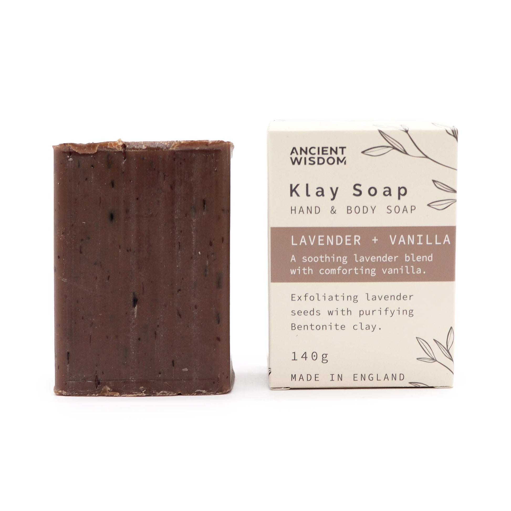 Natural clay soap bar with lavender, vanilla, and bentonite clay – handmade, vegan, and exfoliating.

