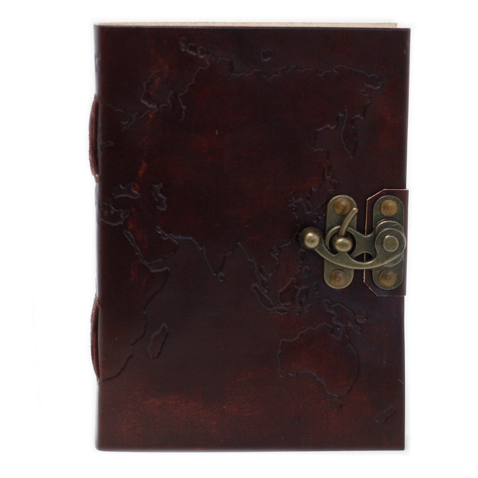 Leatherbound notebook with embossed world map and stitching detail

