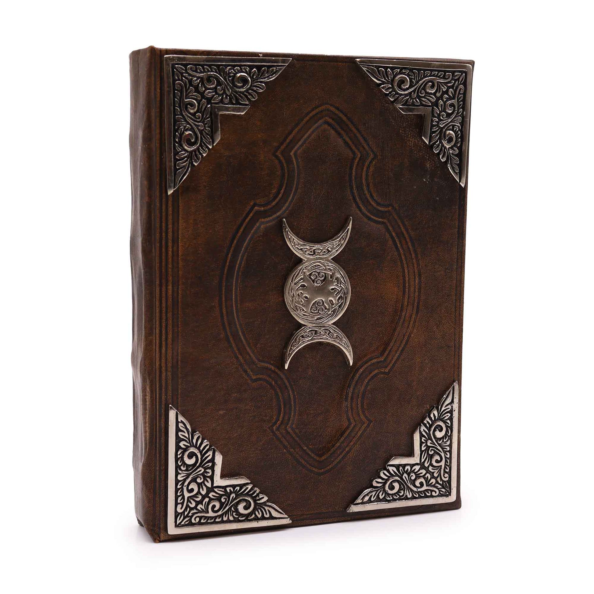 Leatherbound journal with triple moon zinc symbol and embossed corners – 200 deckle-edge pages.

