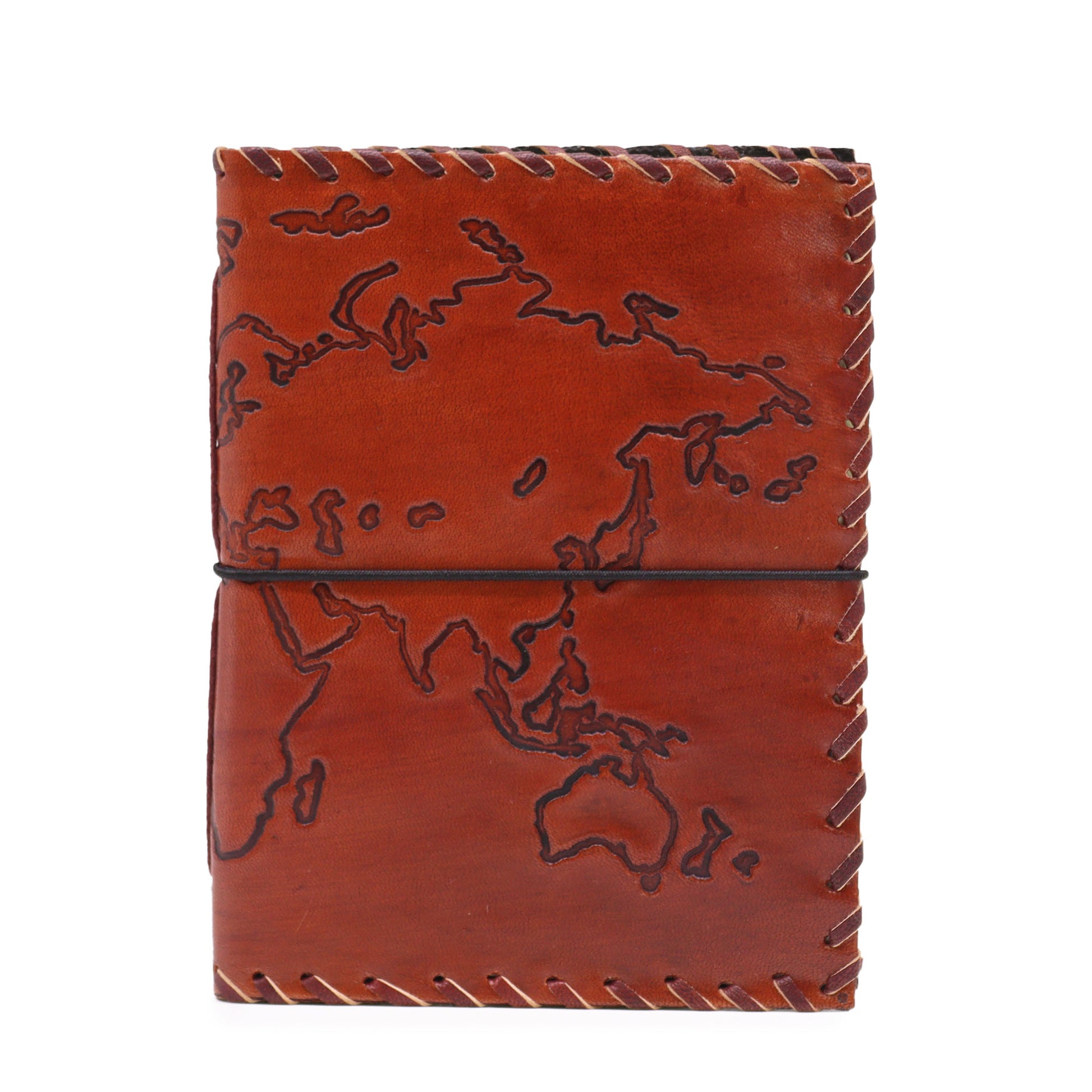 Red leather travel journal with world map embossing and wrap closure – 96 pages

