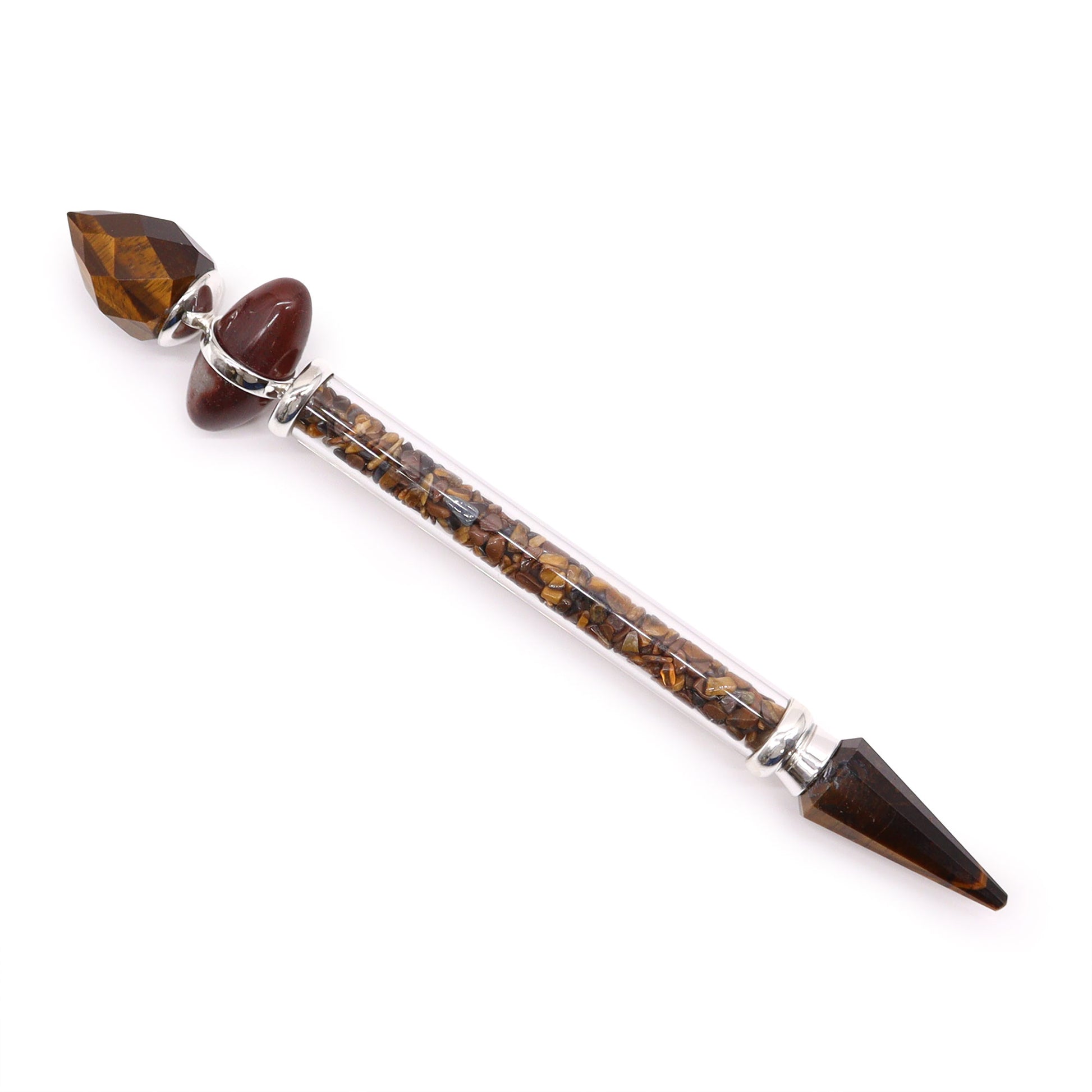Tiger’s Eye Shiva Lingam wand with golden gemstone chips and polished crystal points. Designed for courage, confidence, and grounding energy practices.

