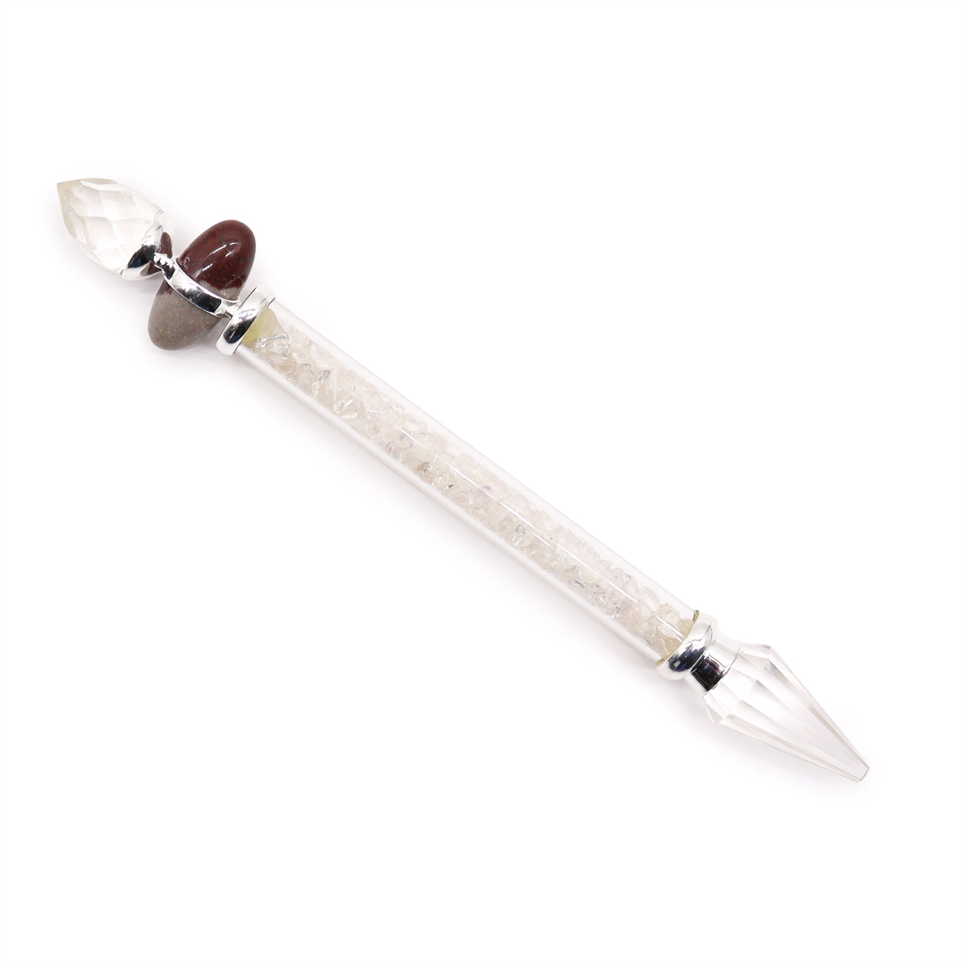 Shiva Lingam wand with rock quartz chips and polished crystal ends, designed for energy amplification and spiritual clarity during meditation or rituals.

