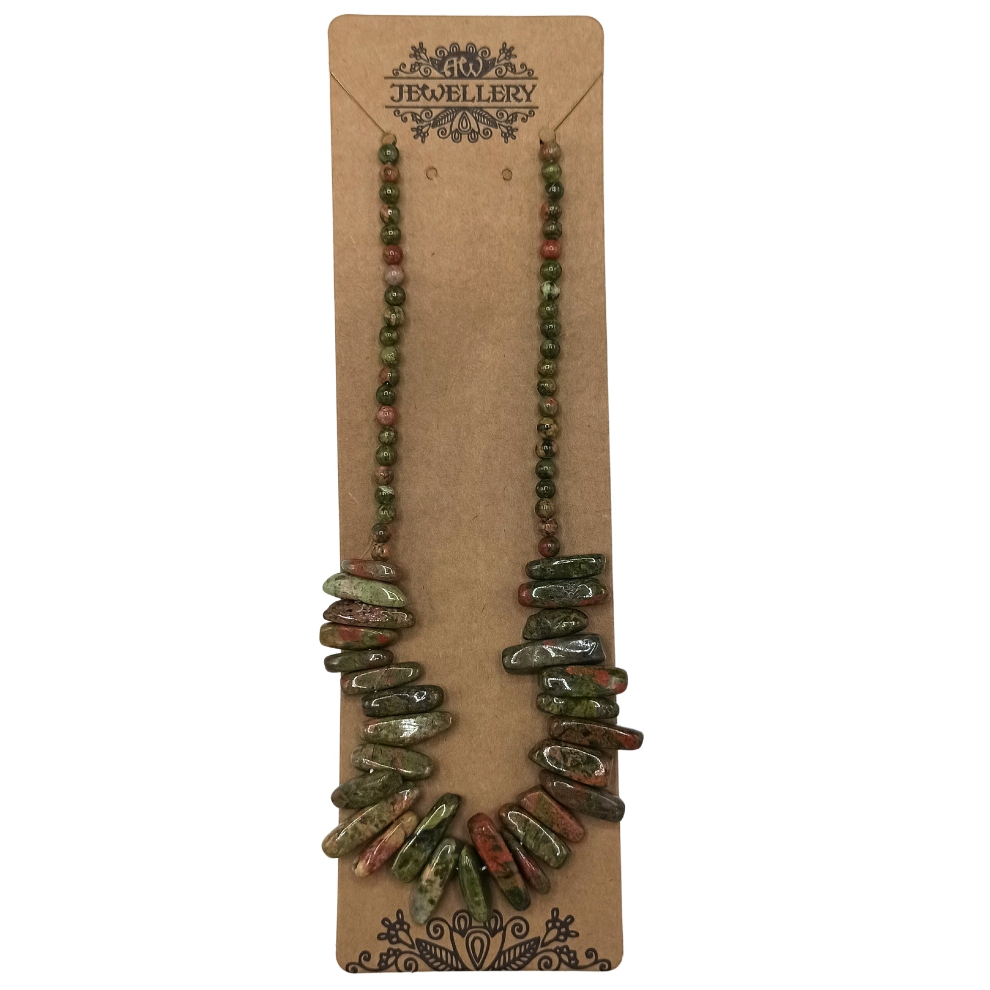 "Longstone Gem Necklace featuring natural unakite gemstone chips and matching round beads in green and pink tones, displayed on a brown card."

