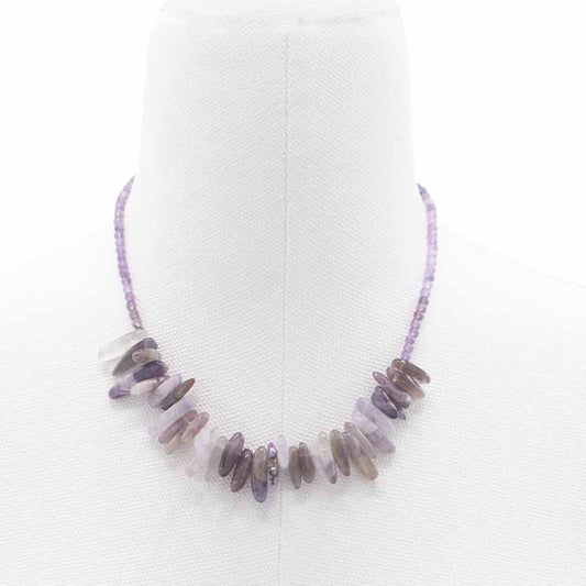 "Longstone Gem Necklace with natural amethyst gemstone chips and round accents in rich purple, displayed on a white bust."
