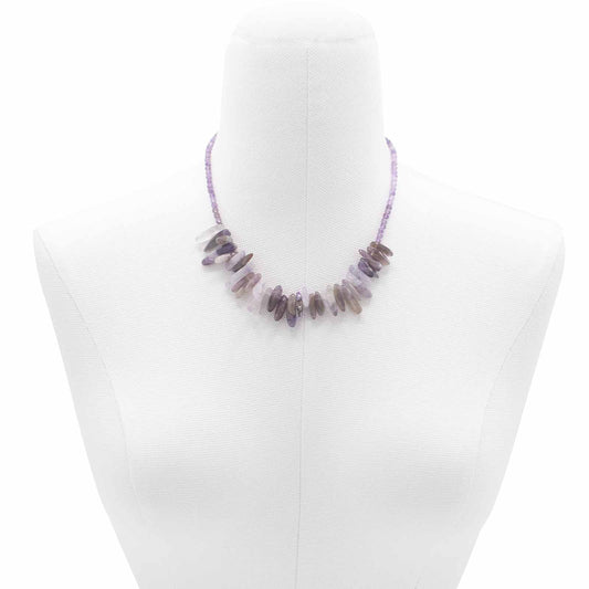 "Longstone Gem Necklace with natural amethyst gemstone chips and round accents in rich purple, displayed on a white bust."
