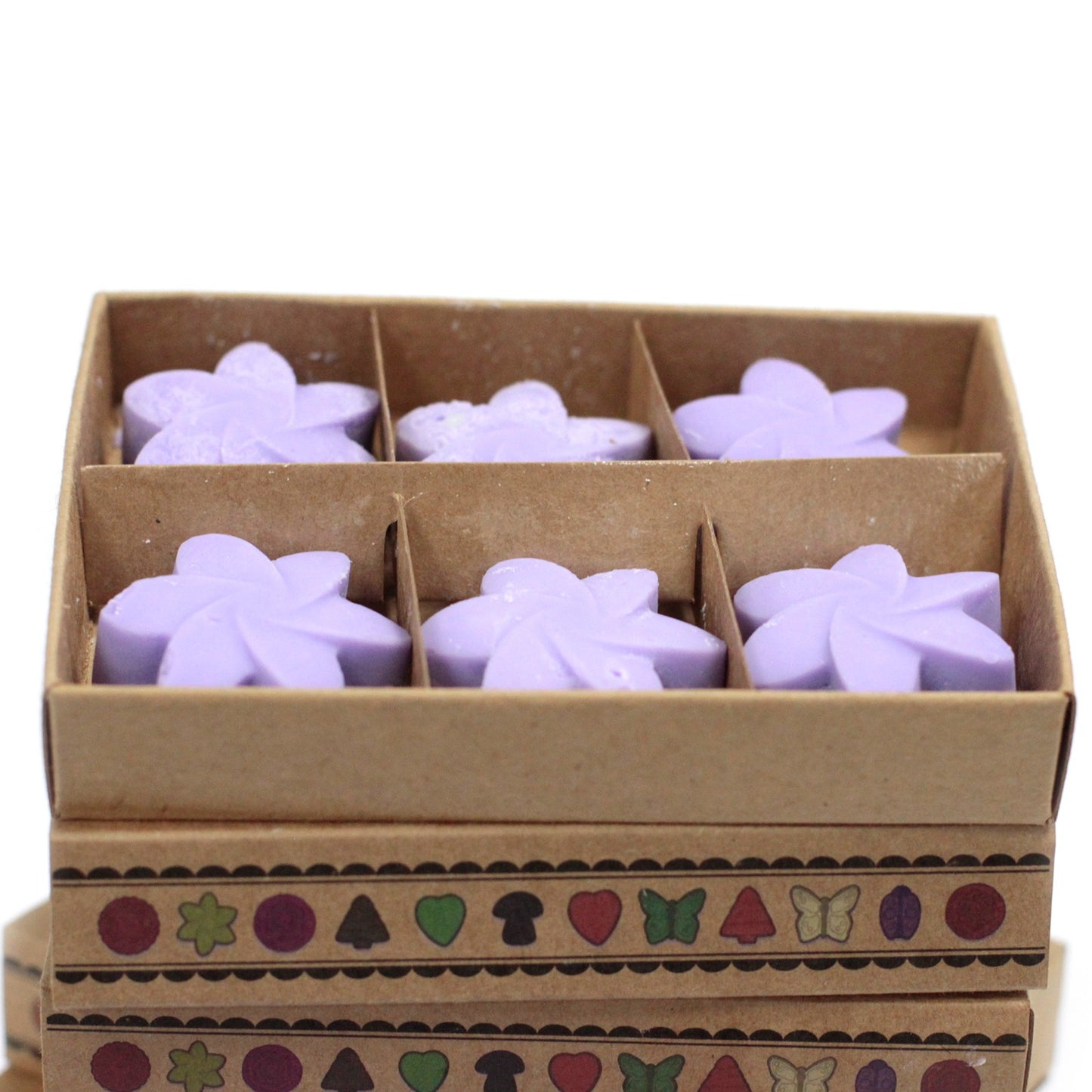 Box of 6 lavender soy wax melts – large luxury melts in cardboard divider packaging

